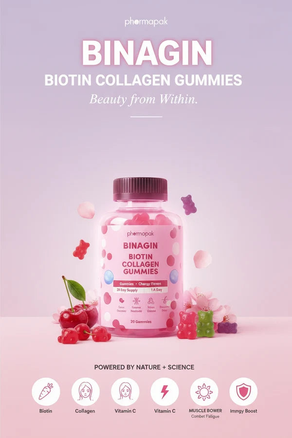 BINAGIN Biotin Collagen Vitamin C Gummies by Pharmapak | Cherry Flavor | Hair, Skin & Nails