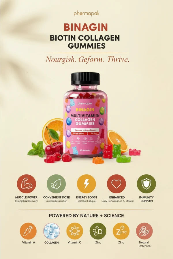 BINAGIN Biotin Collagen Vitamin C Gummies by Pharmapak | Cherry Flavor | Hair, Skin & Nails
