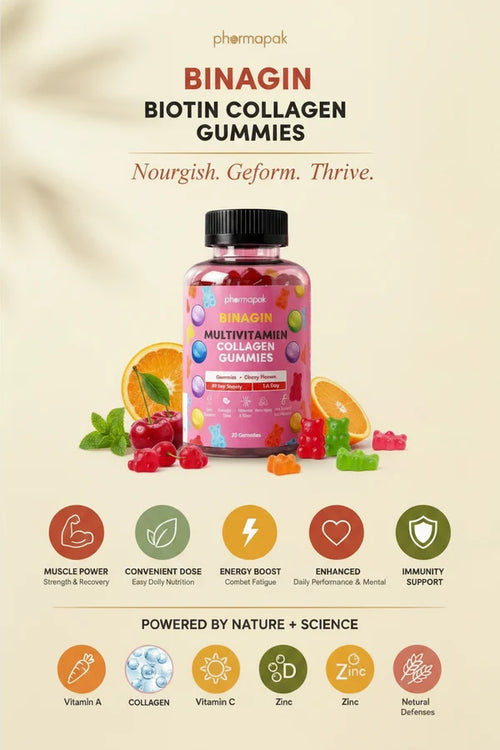 BINAGIN Biotin Collagen Vitamin C Gummies by Pharmapak | Cherry Flavor | Hair, Skin & Nails