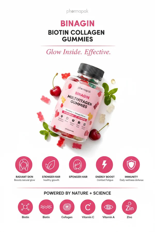 BINAGIN Biotin Collagen Vitamin C Gummies by Pharmapak | Cherry Flavor | Hair, Skin & Nails